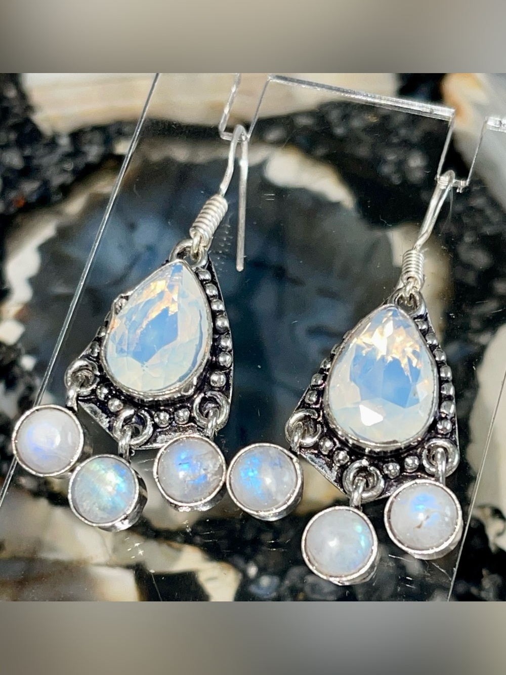 Rainbow Moonstone & Opalite Earrings 1 7/8”